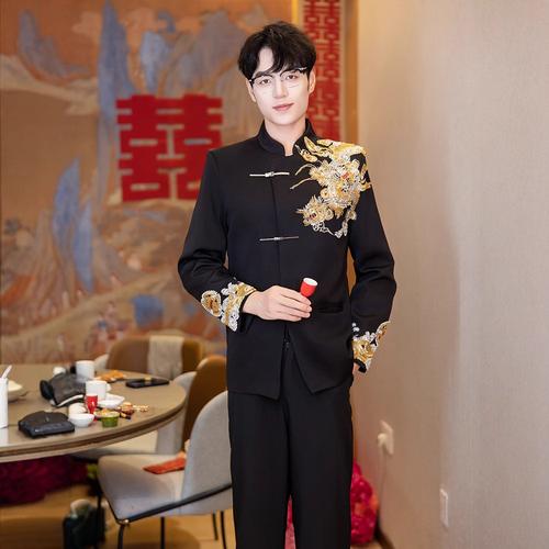 新中式中山装男士结婚套装黑色订婚立领西装外套新郎中式礼服工厂